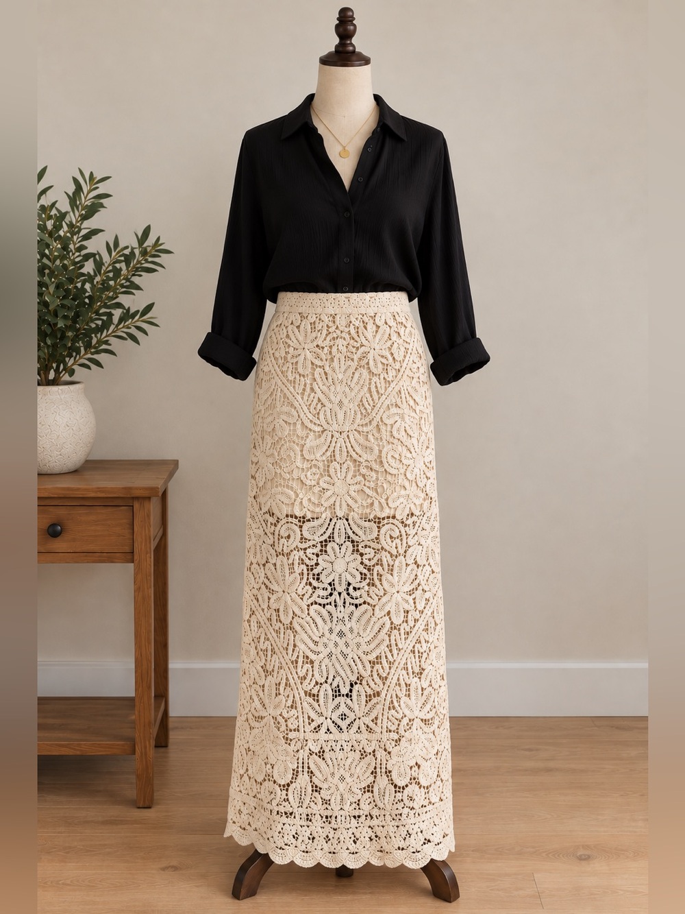 RW&CO Cream Crochet Lace Midi Skirt S Coastal Boho Resort Romantic